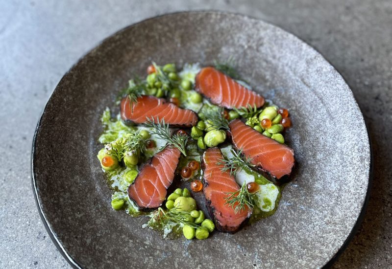Kika Wanaka Small Seafood Plates Harcoal Cured Salmon Loin With Broad Beans, Fresh Peas And Dill, Buttermilk Dressing And Salmon Caviar